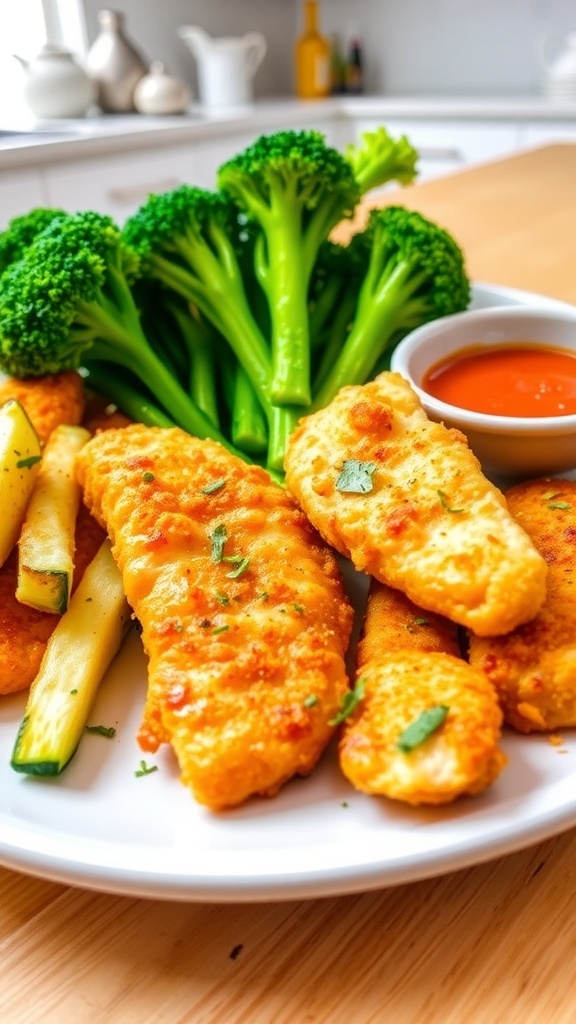 Healthy air fryer meals for kids including chicken tenders, zucchini fries, and broccoli on a colorful plate.